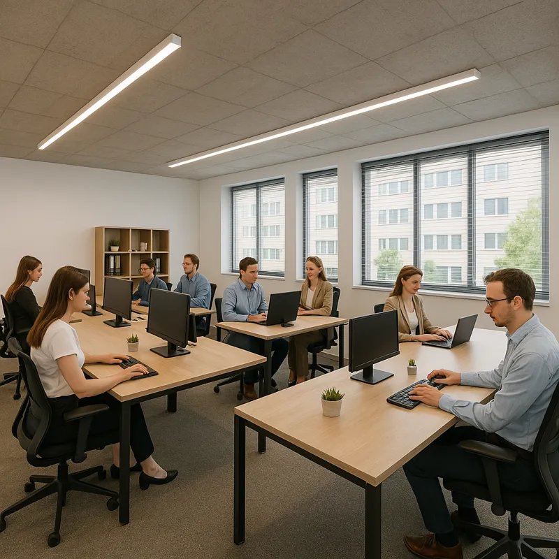 Không gian với nội thất văn phòng hiện đại với bàn làm việc nhóm, thiết kế tối ưu ánh sáng và diện tích