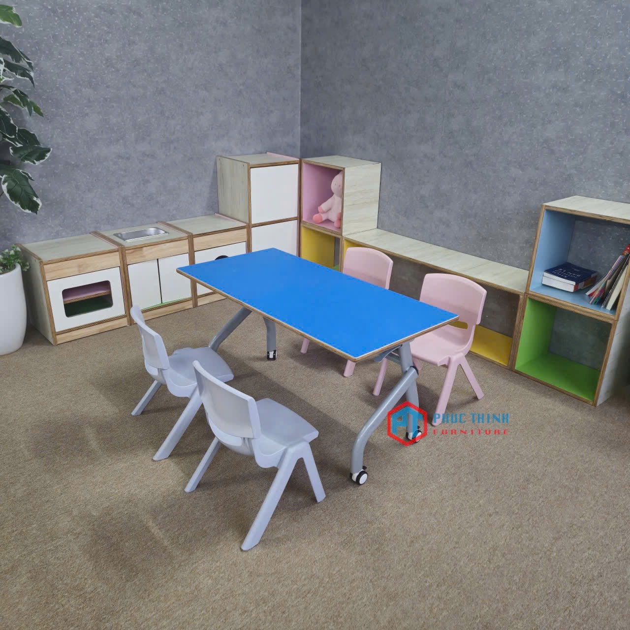 Bàn học hình chữ nhật xanh dương BDTPT03